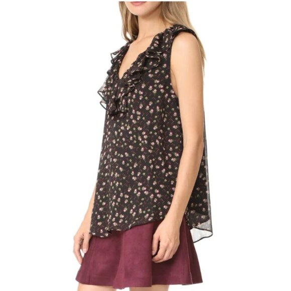 Rebecca Minkoff Floral Blouse Womens Small Black Sleeveless VNeck Ruffle Relaxed - Picture 7 of 9